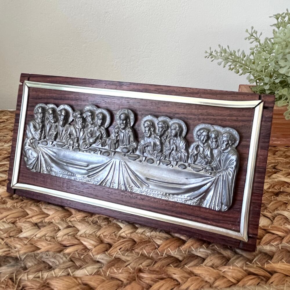 Vintage Italian Pewter Relief Last Supper Wood Plaque Easel-Back Gold-Tone Trim